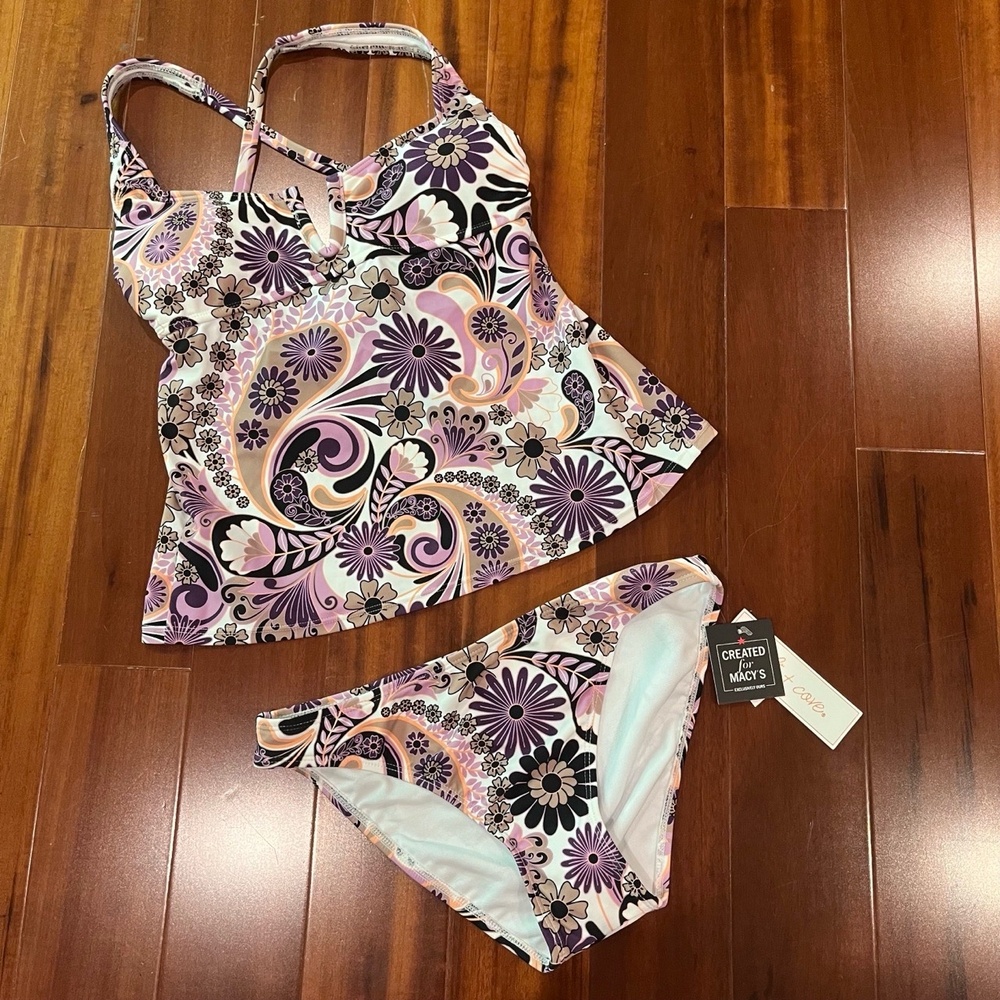 New NWT Salt + Cove Purple Tankini Swim Set Two Piece Bikini Floral Print Sz XS